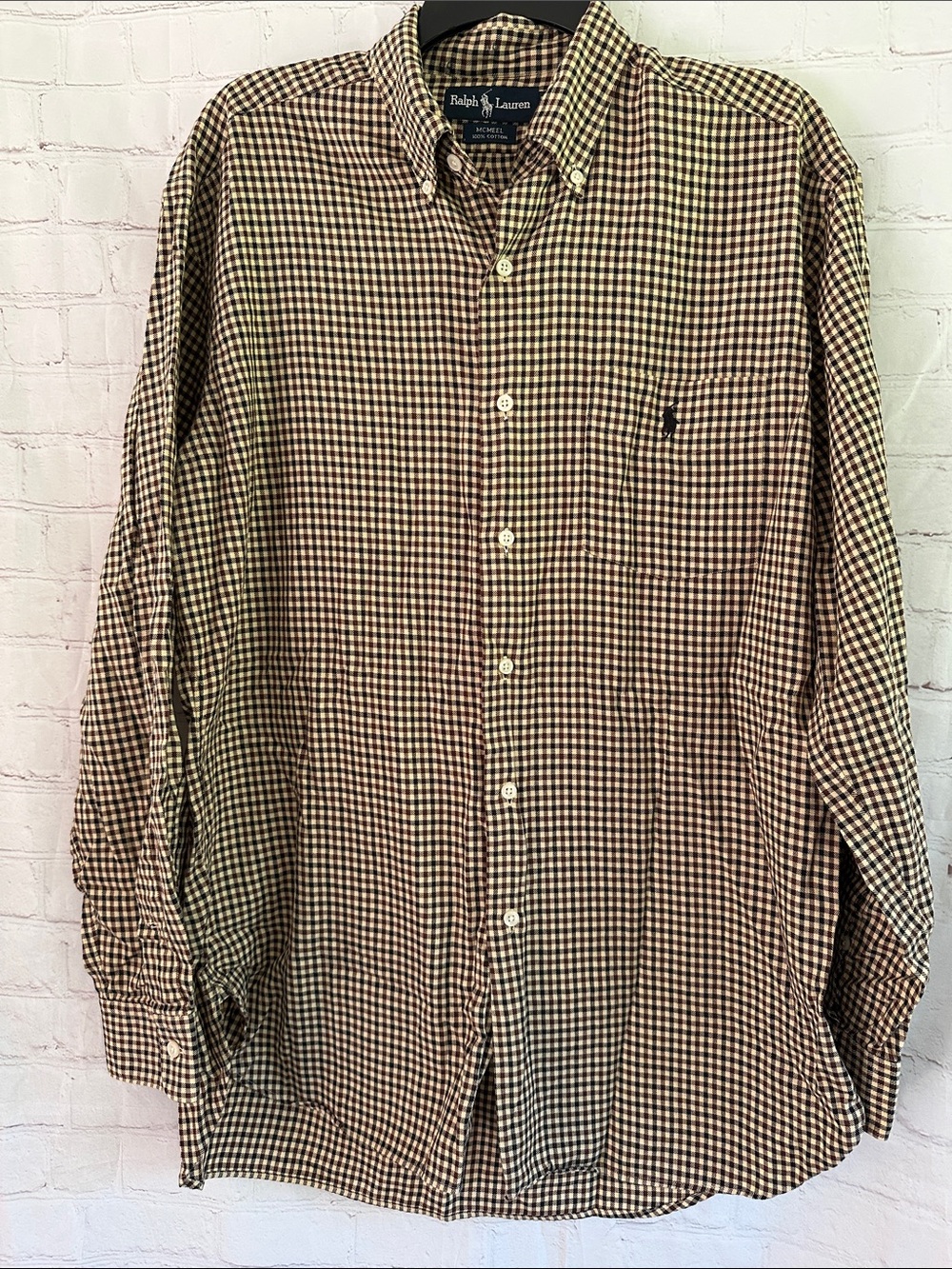 Ralph Lauren MCMEEL 100% Cotton Men's Brown & Cream Gingham Button-Down Shirt M